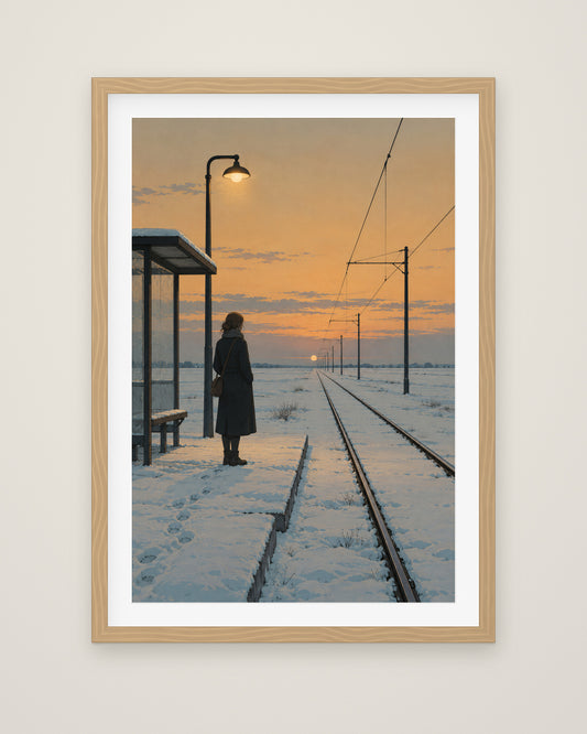 The Last Tram by Elias Northcott, Museum Edition framed fine art print in a natural box frame with a snow white mount