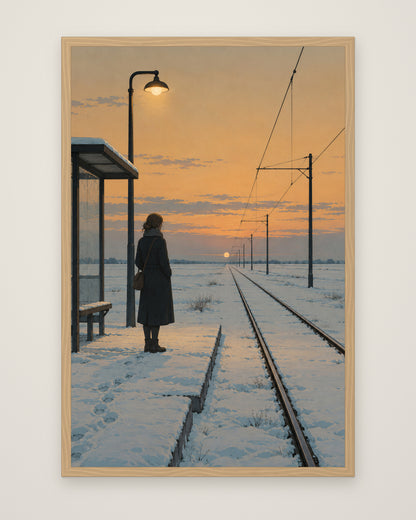 The Last Tram by Elias Northcott, Museum Edition framed edge to edge in a natural box frame, 60 × 90 cm and 80 × 120 cm