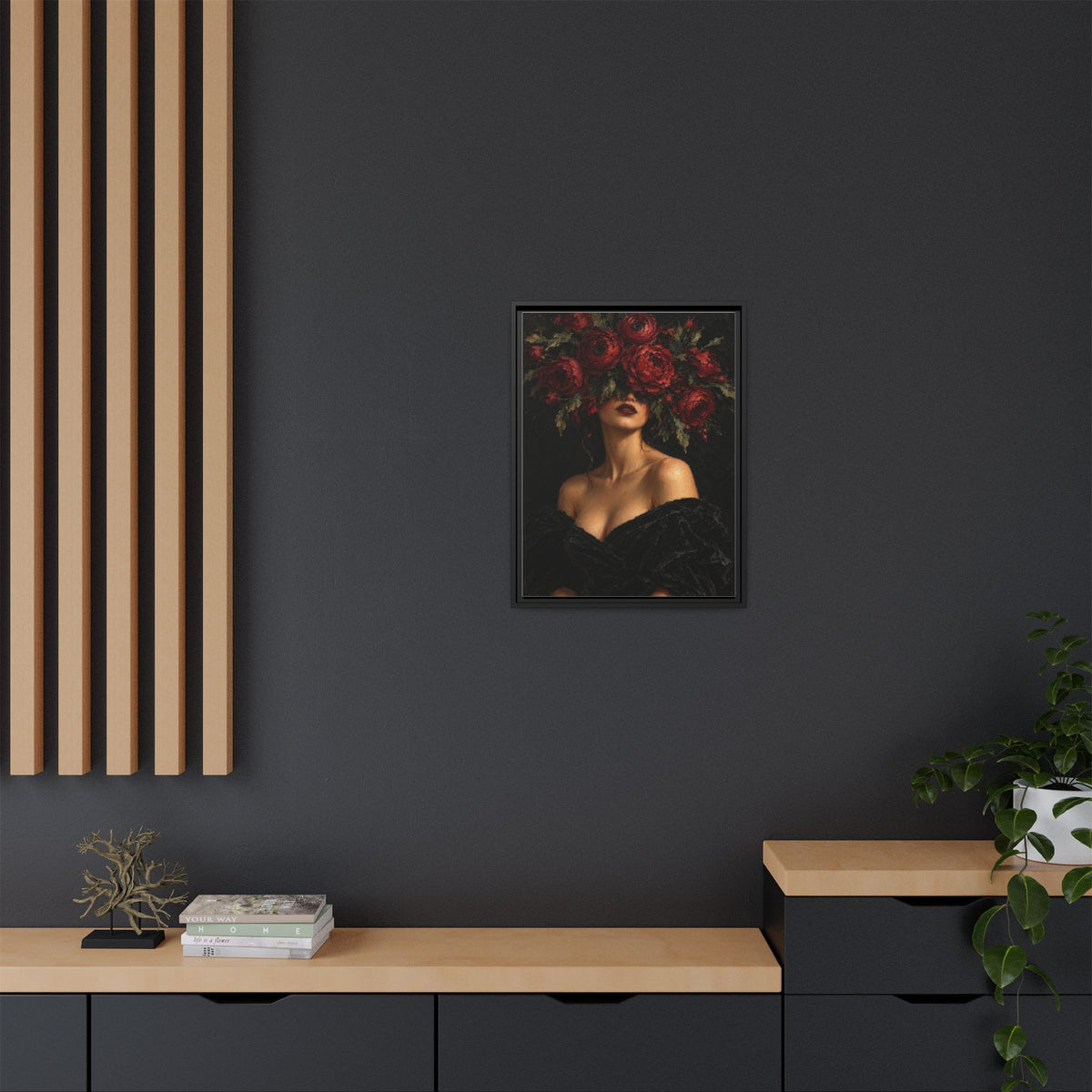Crimson Reverie framed canvas styled interior