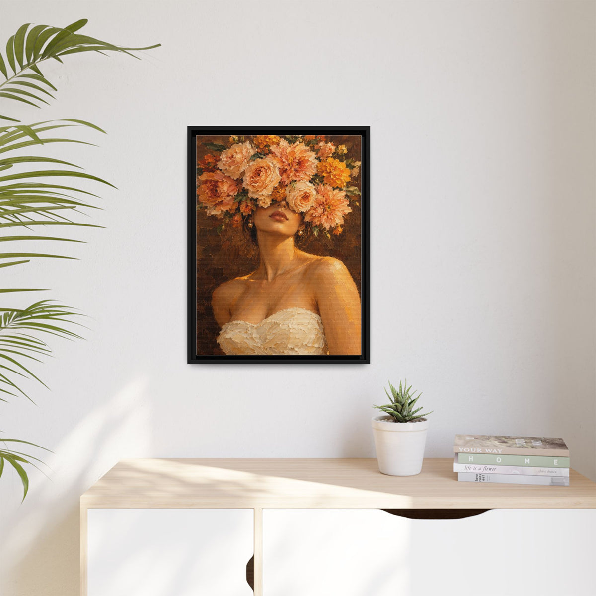 Golden Hour Bloom framed canvas in a room