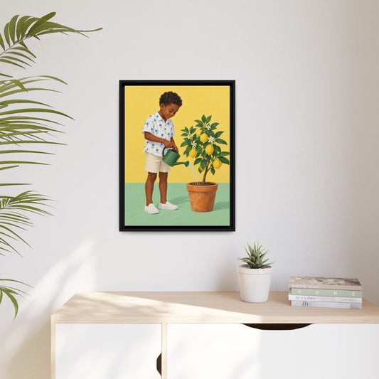 Little Gardener framed canvas in a room