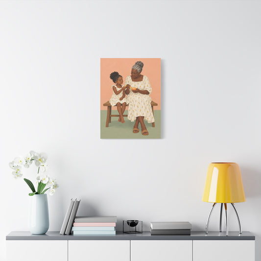 Sunday Oranges frameless canvas in a room
