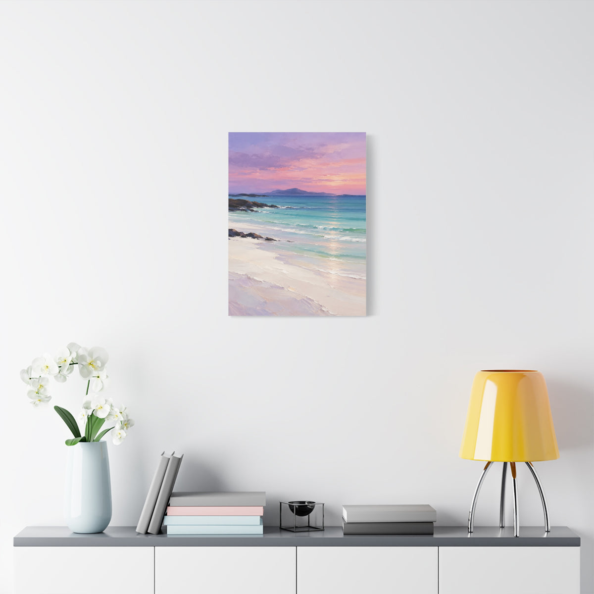 Hebridean Calm frameless canvas in a room
