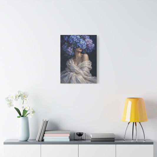 Hydrangea Blue frameless canvas in a room