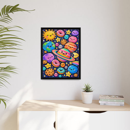 Cosmic Snacks framed canvas in a room