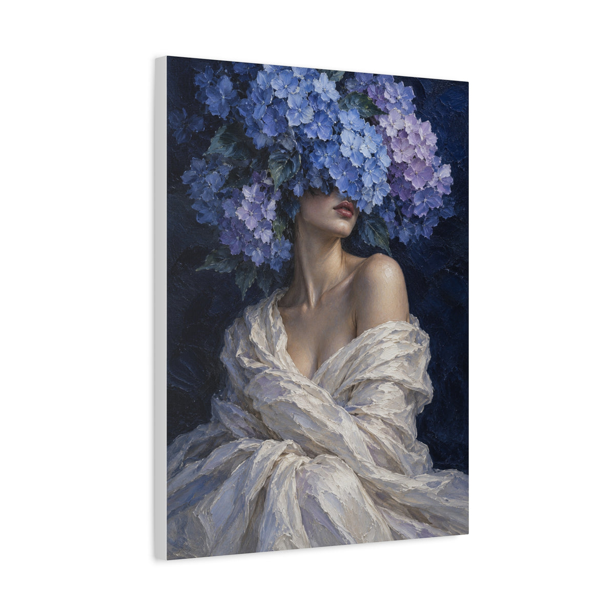 Hydrangea Blue frameless canvas side view