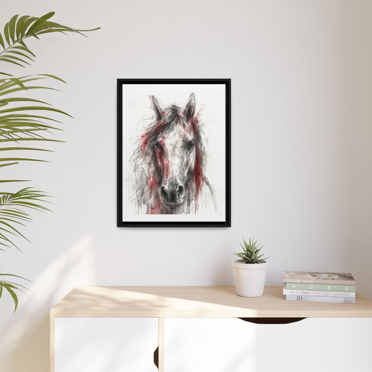 Scarlet Equus framed canvas in a room