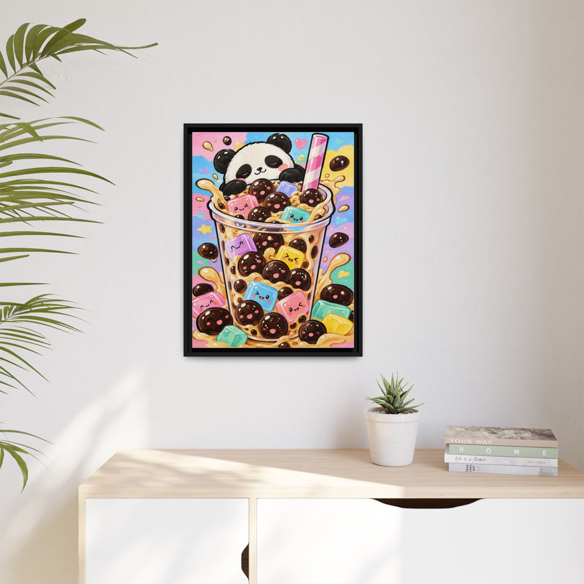Bubble Tea Buddies framed canvas in a room