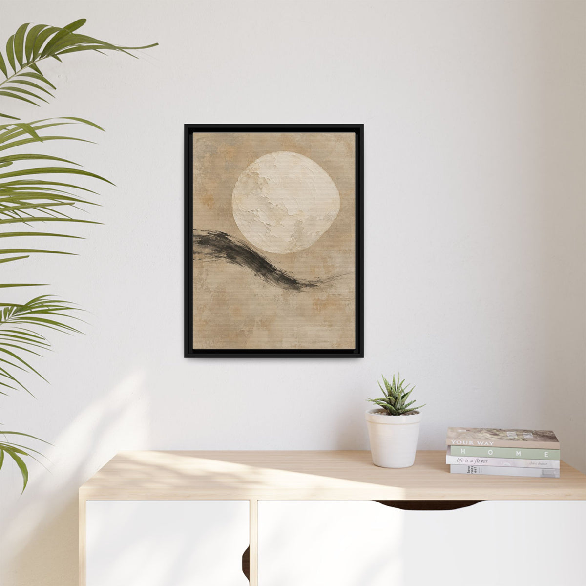 Linen Moon framed canvas in a room