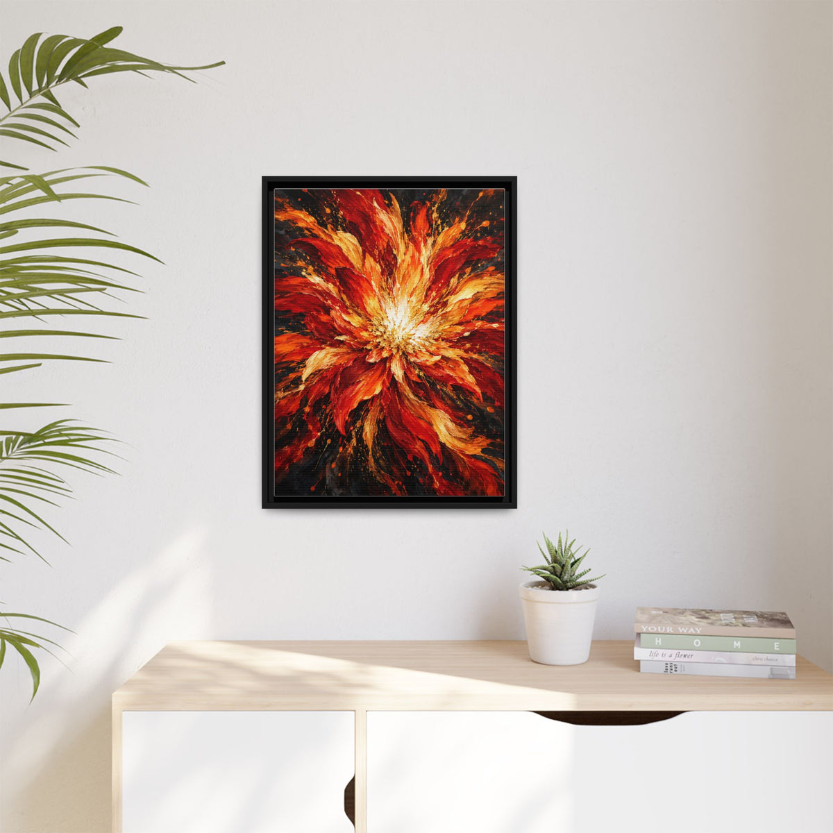 Phoenix Bloom framed canvas in a room
