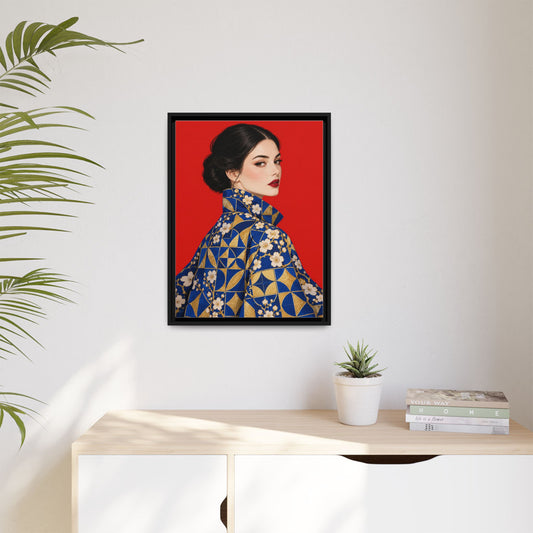 Vermilion Sunday framed canvas in a room