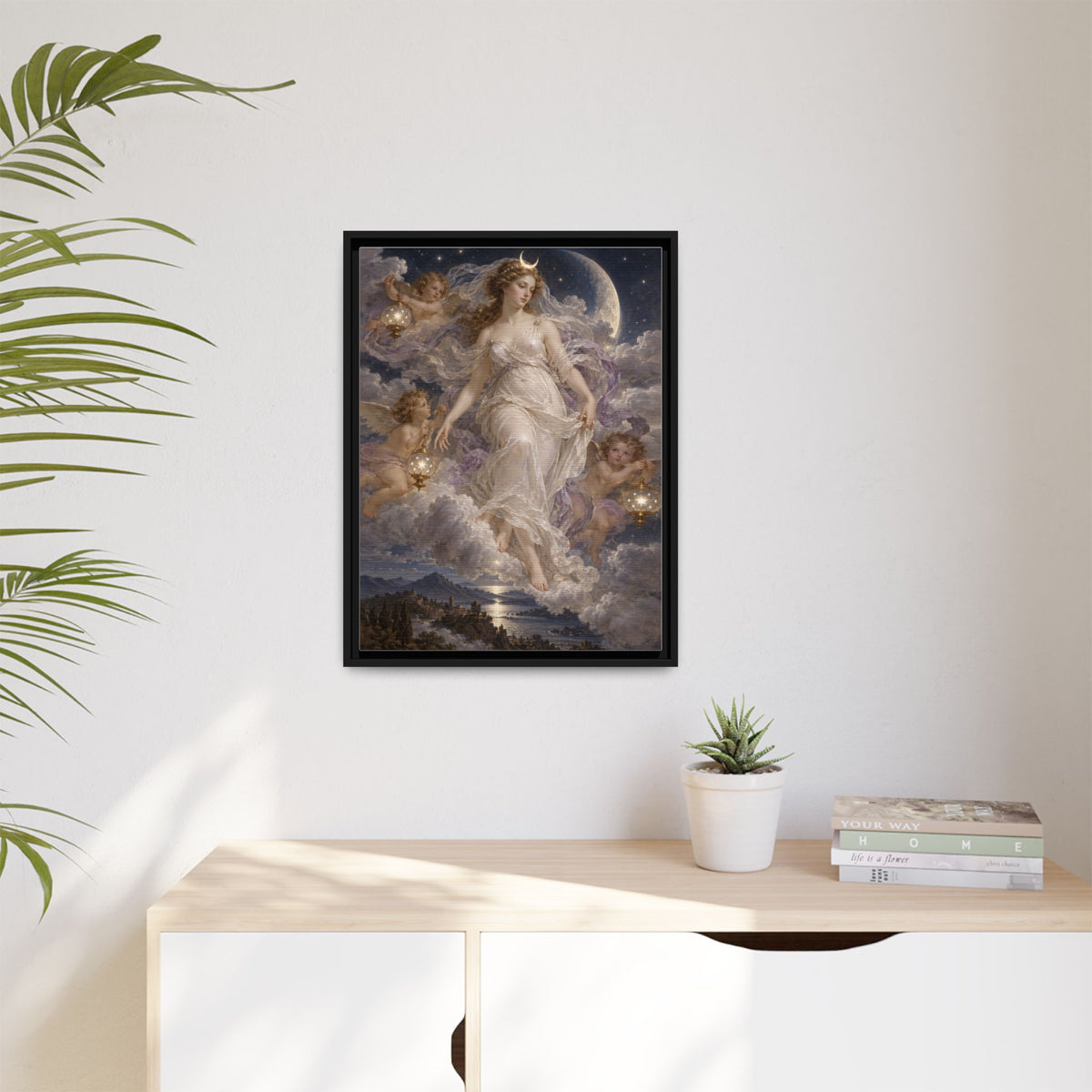 The Descent of Selene framed canvas in a room