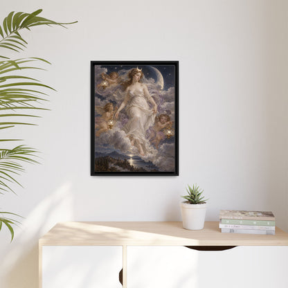 The Descent of Selene framed canvas in a room