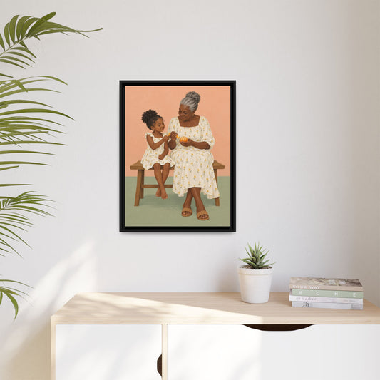 Sunday Oranges framed canvas in a room