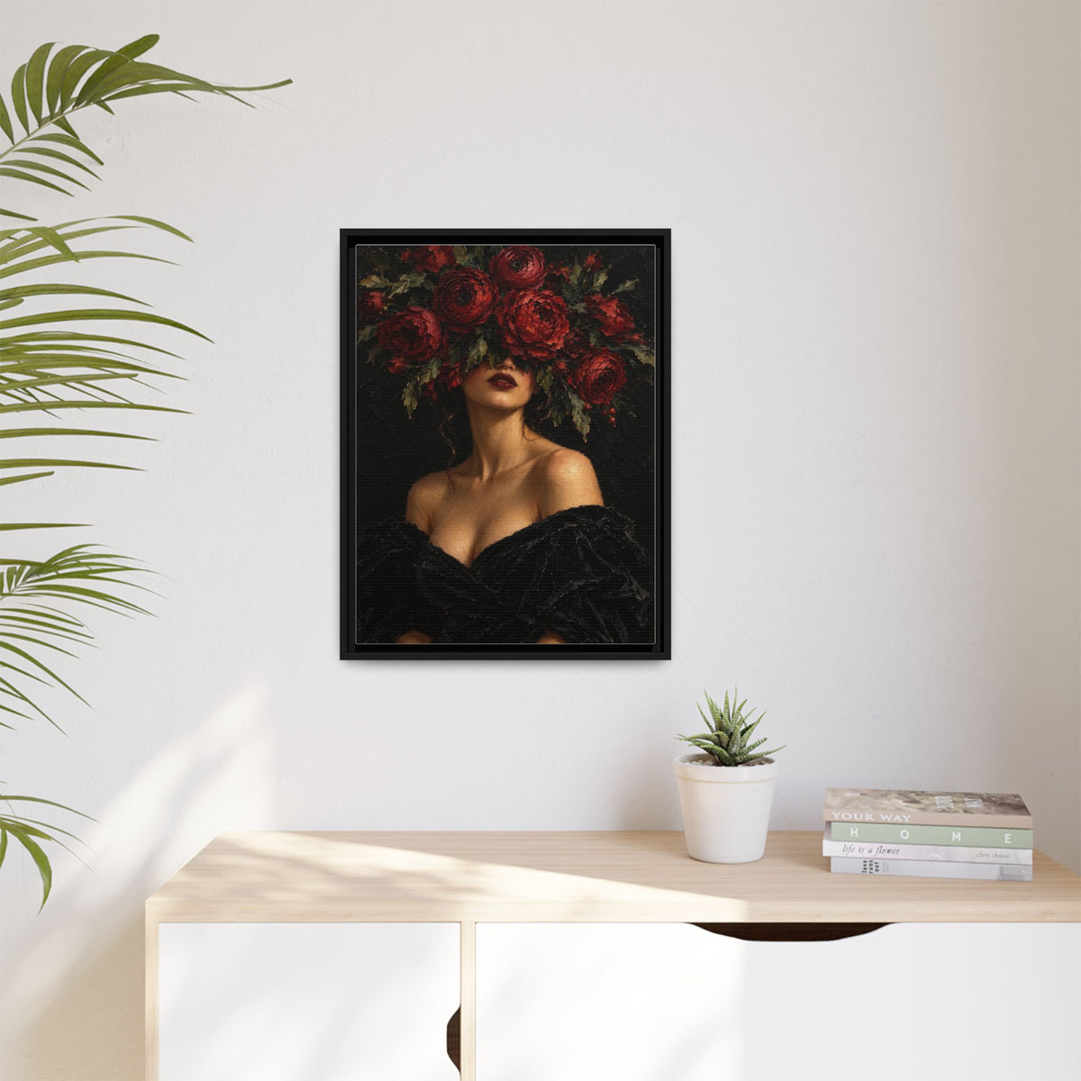 Crimson Reverie framed canvas in a room