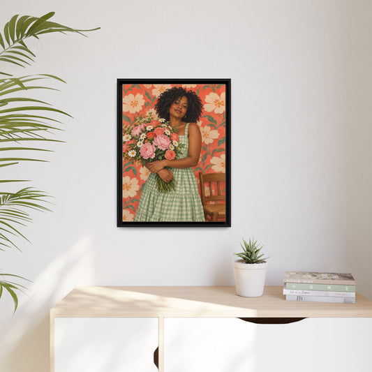 Sunday Peonies framed canvas in a room