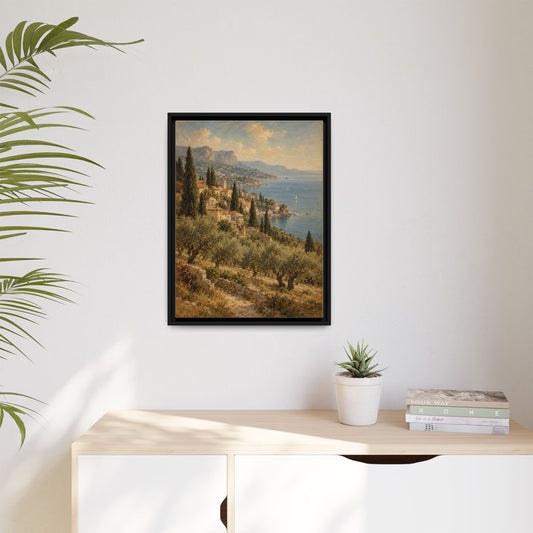 Riviera Afternoon framed canvas in a room