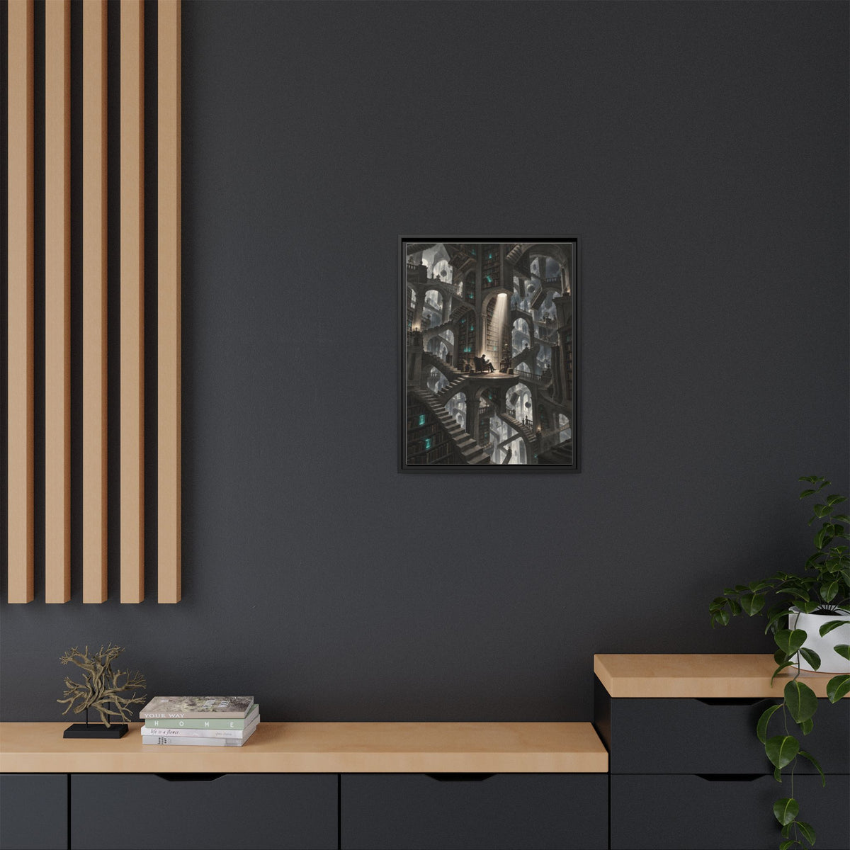 Bibliotheca Infinita framed canvas styled interior