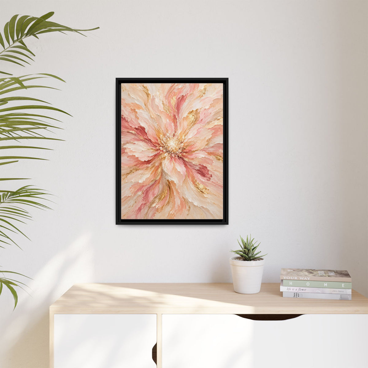 Blush Bloom framed canvas in a room