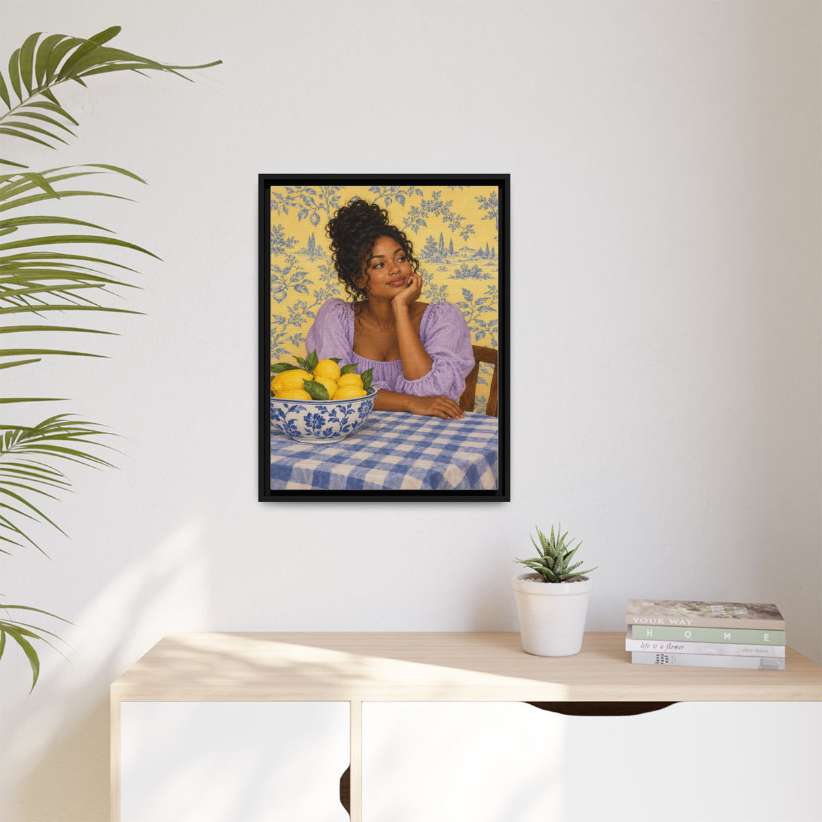 Lemons on the Table framed canvas in a room