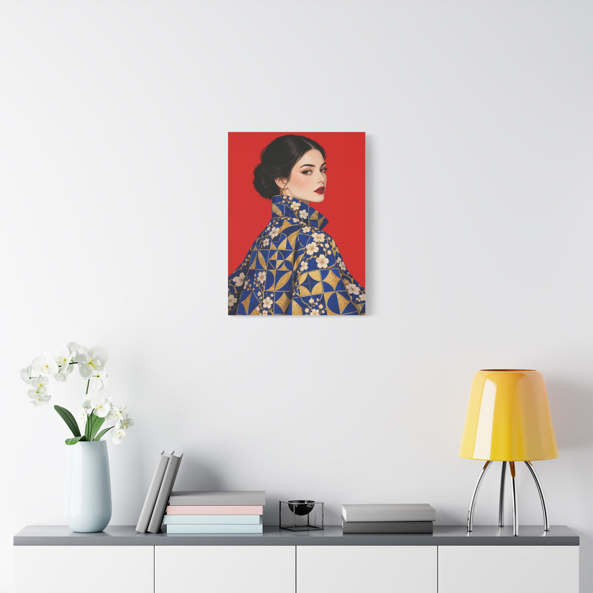 Vermilion Sunday frameless canvas in a room