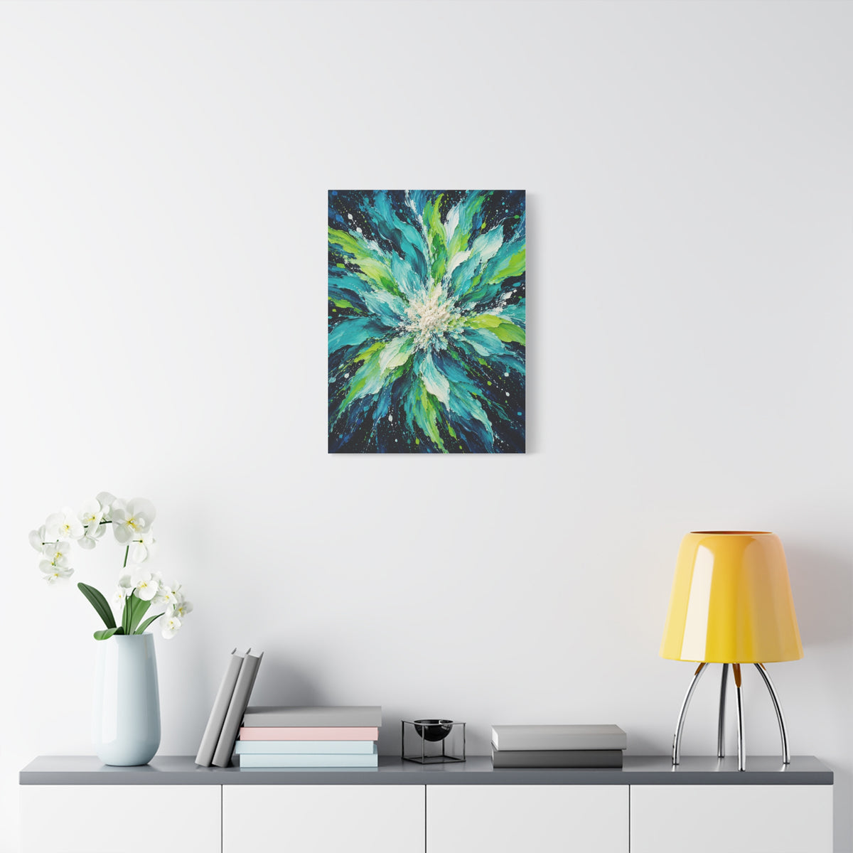 Lagoon Bloom frameless canvas in a room