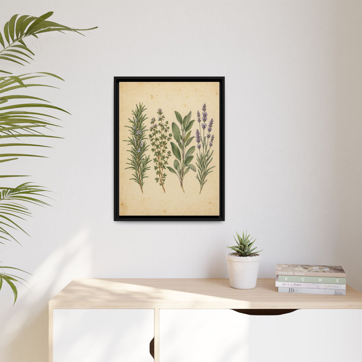 Herb Garden Study framed canvas in a room