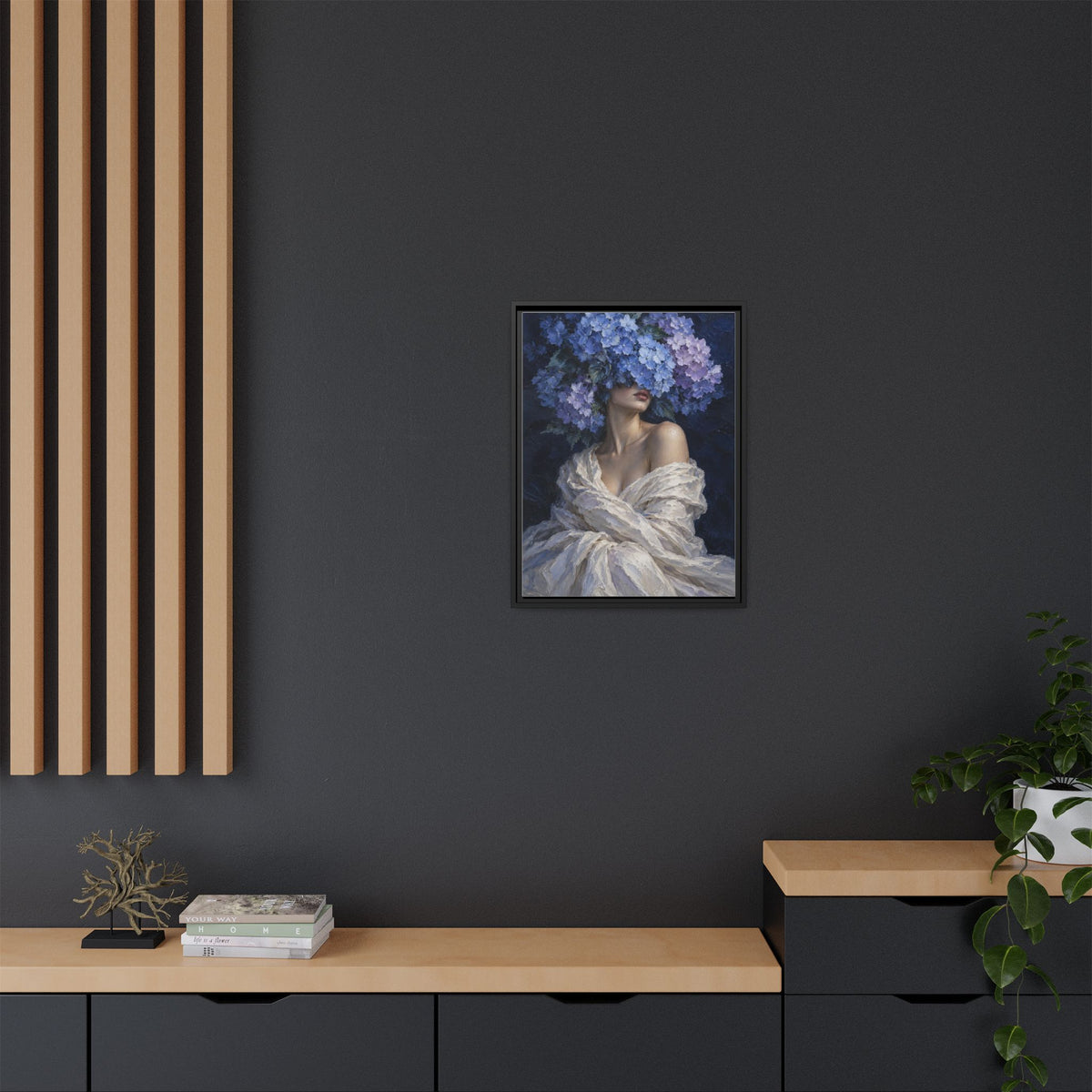 Hydrangea Blue framed canvas styled interior